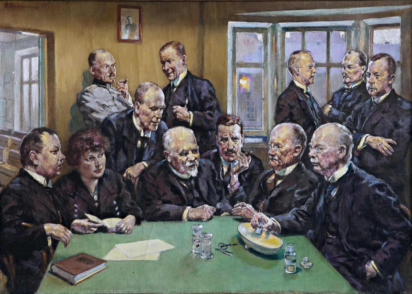 Hugo Backmannsson: »12 øjenlæger«, 1923. Olie på lærred, 71 × 100 cm, Helsinki Universitet.