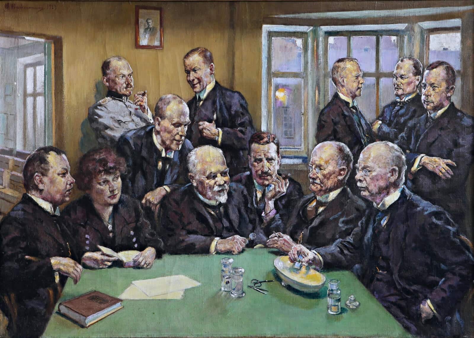 Hugo Backmannsson: »12 øjenlæger«, 1923. Olie på lærred, 71 × 100 cm, Helsinki Universitet.