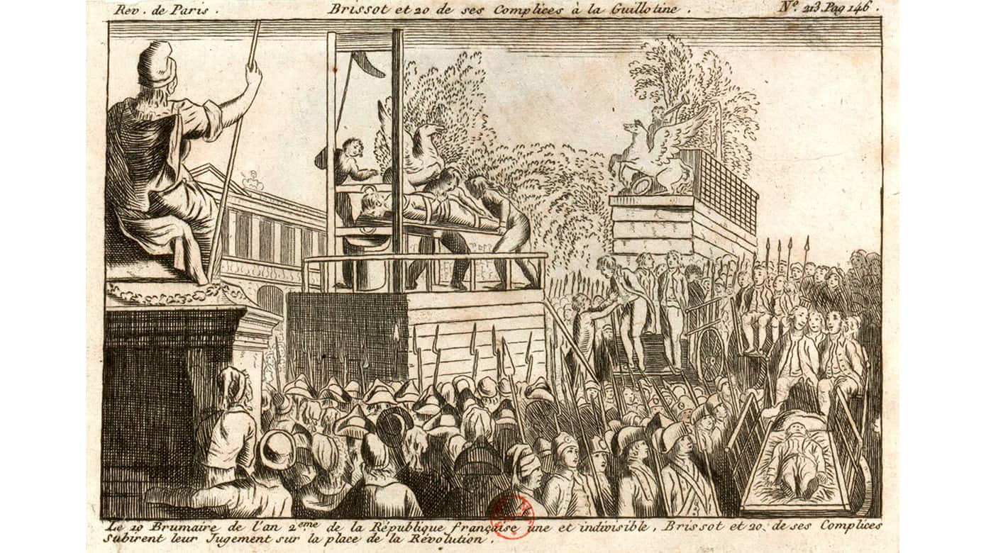 »Rædselsherredømmet« (»La Terreur«), den franske revolutions blodige udrensninger, varede fra september 1793 til juli 1794. Tusinder af ofre blev ført til guillotinen. I oktober 1793 blev en gruppe på 21 girondinere (det moderate parti) henrettet. Foto: Wikimedia.